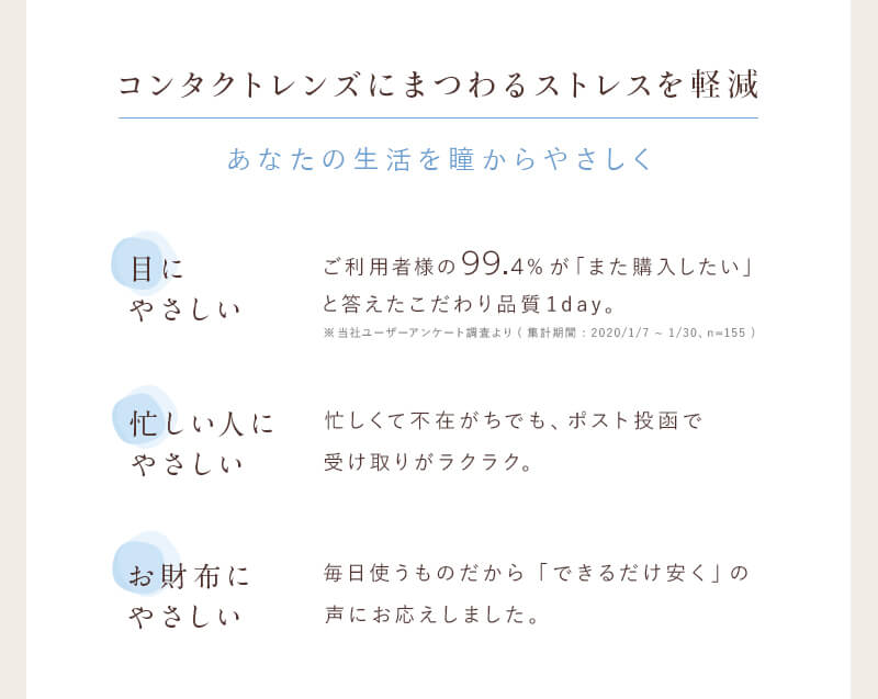 コンタクトレンズにまつわるストレスを軽減し、あなたの生活を瞳からやさしく。
