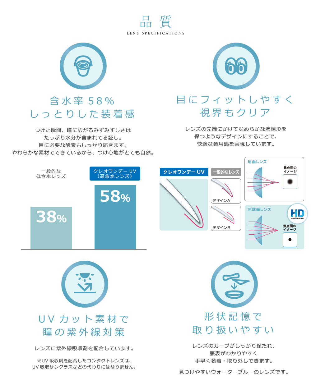 含水率58%のしっとりした装着感を実現。UVカット素材だから、瞳の紫外線対策にもおすすめです。