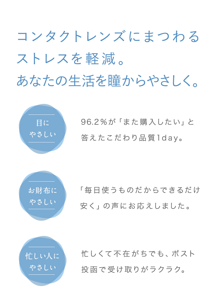 コンタクトレンズにまつわるストレスを軽減し、あなたの生活を瞳からやさしく。